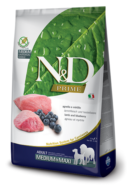 Farmina Prime N&D Natural & Delicious Grain Free Medium Adult Lamb & Blueberry Dry Dog Food