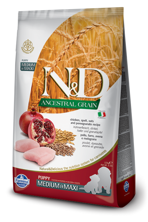 Farmina N&D Natural & Delicious Ancestral Grain Medium & Maxi Puppy Chicken & Pomegranate Dry Dog Food